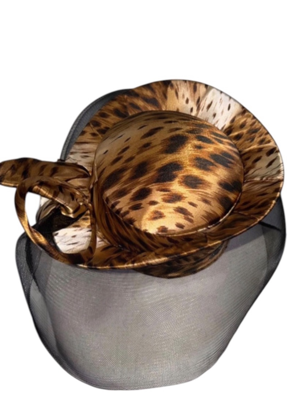 Perchè Couture Leopard Print Fascinator Church Hat Mesh Veil Birdcage Veil